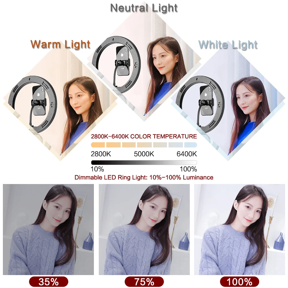 10inch LED Ring Light Photography Selfie Ring Lighting with Tripod Stand for Smartphone Youtube Makeup Video Studio Ring Lamp