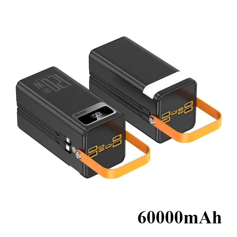 120W 60000mAh Power Bank Fast Charging Comes Two Wire External Battery Pack with Flashlight Outdoors for Huawei Xiaomi IPhone