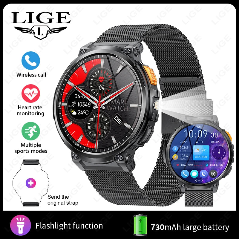 LIGE 1.85” HD Screen Smart Watch Men LED Flashlight 730mAh Large Battery Bluetooth Call Bracelet Waterproof Fitness Smartwatches