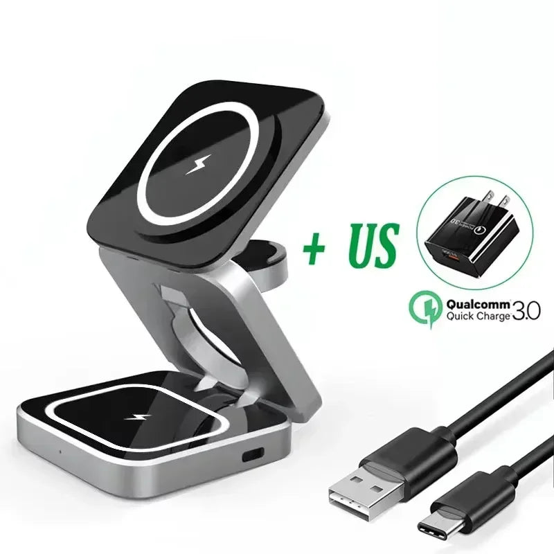 3 IN 1 Magnetic Fast Wirreless Charger Stand Foldable Desktop Phone Holder For Magsafe iPhone 16-12 Apple Watch 10/9/8/7 Airpods