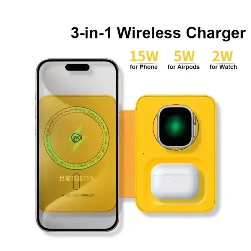Folding 3 IN 1 Wireless Phone Watch ChargerMagnetic Fast Charger Station Folding For iPhone 12 15 16 13 14 Apple Watch Airpods