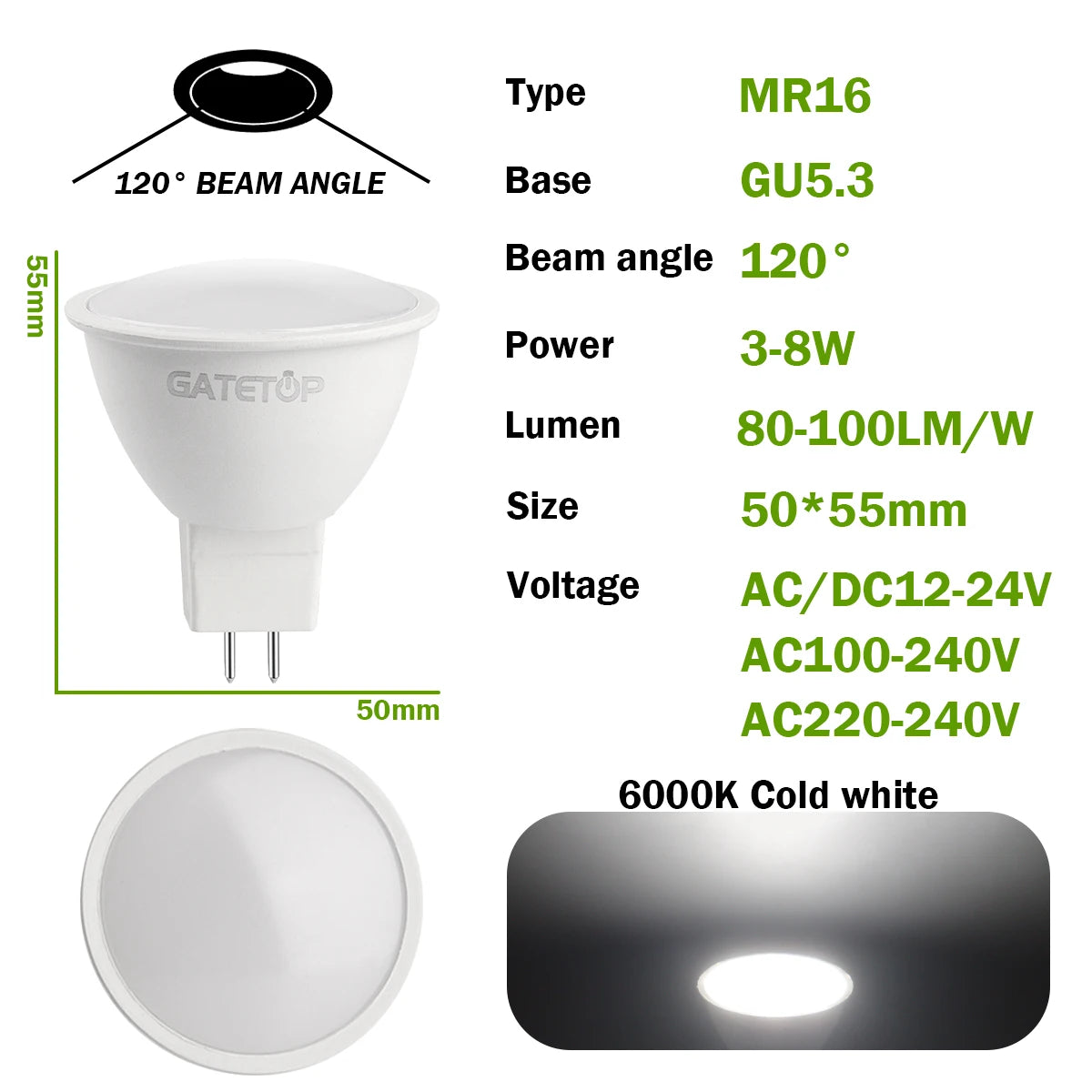 30PCS High Luminous LED Spotlight Mr16 GU5.3 AC220V 110V DC12V Efficiency No Flicker Warm Light Can Replace 20W 50W Halogen Lamp