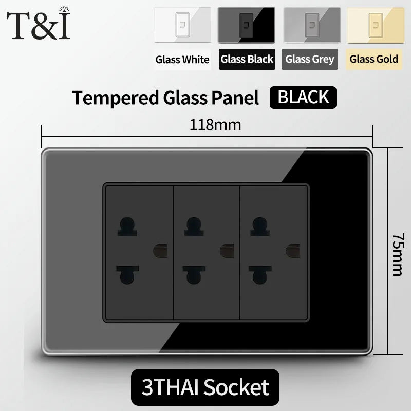 T&I US Standard 118 Wall Outlet with Switch, Tempered Glass Panel, USB and Type-C Charging Ports