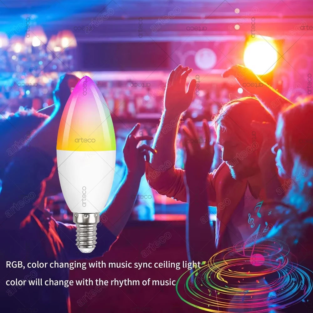 Tuya E14 Candle Lamp Smart Life App Control Smart Bulb WiFi Bluetooth RGB+CW LED Light 220V Dimmable Crystal Lamps Room Decorate