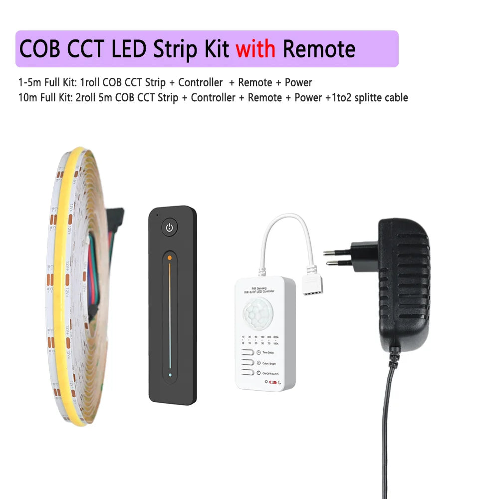 Tuya WiFi COB CCT LED Strip PIR Motion Sensor 12V 2m 3m 5m 10m Dimmable Bed Wardrobe Cabinet Light 2700-6500K for Alexa Google