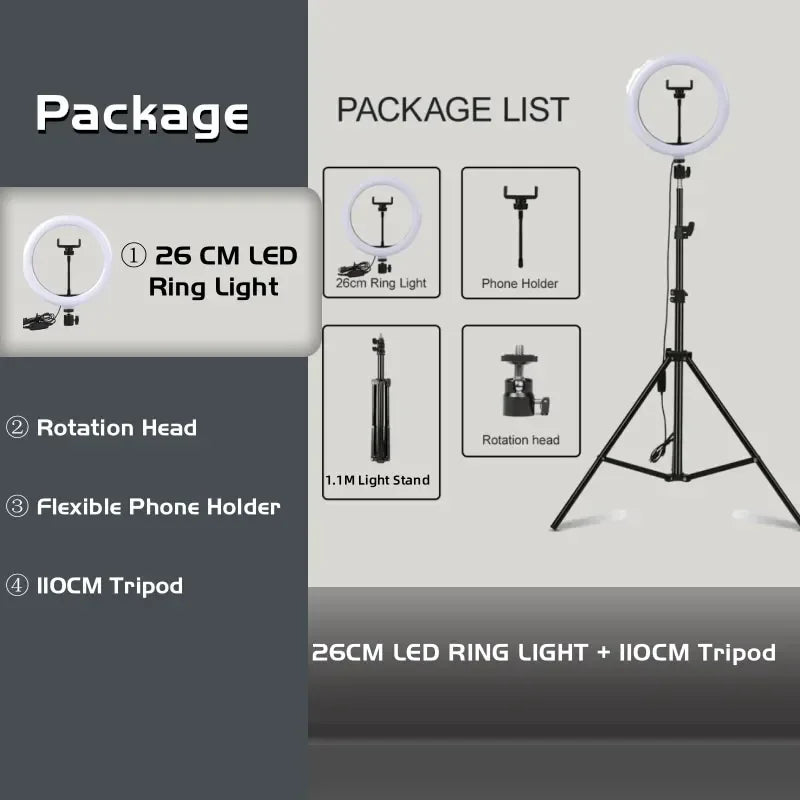 10" LED Selfie Ring Light Home Stuido Lighting Dimmable Round Lamp Tripod Trepied Makeup Selfie Ring Lamp Phone LIGHT FOR VIDEO