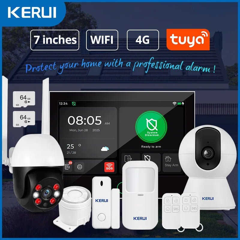 KERUI 7 Inch Touch Screen Home Alarm System WiFi+ 4G Alarm Security System for Home with Siren Tuya Smart App Motion Sensor G70