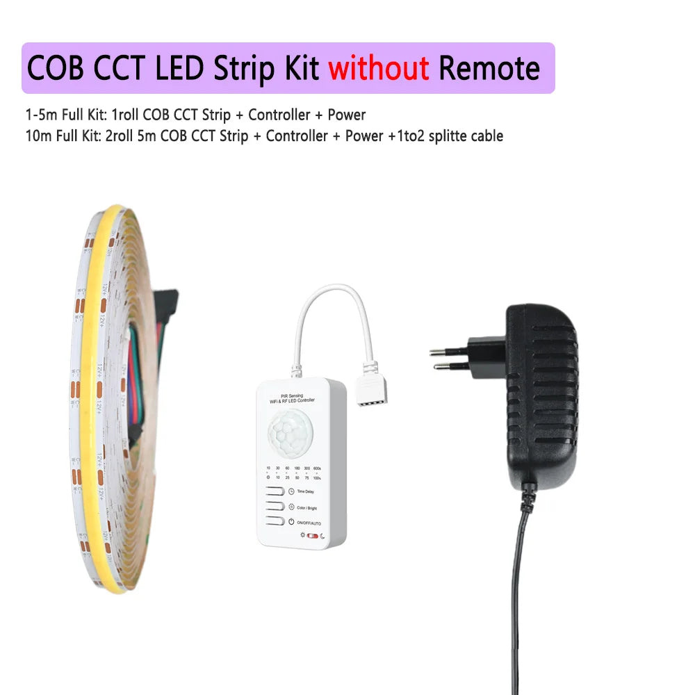 Tuya WiFi COB CCT LED Strip PIR Motion Sensor 12V 2m 3m 5m 10m Dimmable Bed Wardrobe Cabinet Light 2700-6500K for Alexa Google