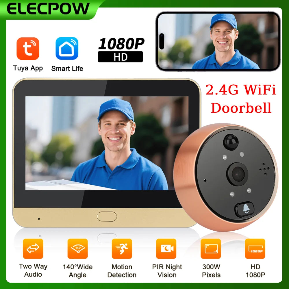 Elecpow Tuya Smart wifi Doorbell With Ring bell 4.3Inch 1080P Digital Door Peephole Camera PIR Night Vision Motion Detection