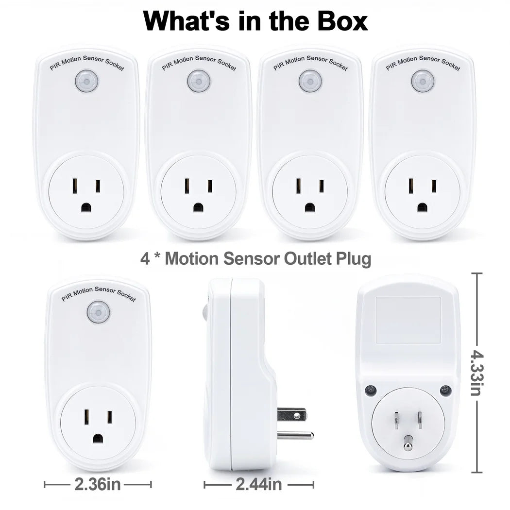 4Pcs Motion Sensor Outlets PIR Motion Sensor Light Plug In Outlet Indoor Light Control Smart Socket 120° Wide Angle 19.7ft Range