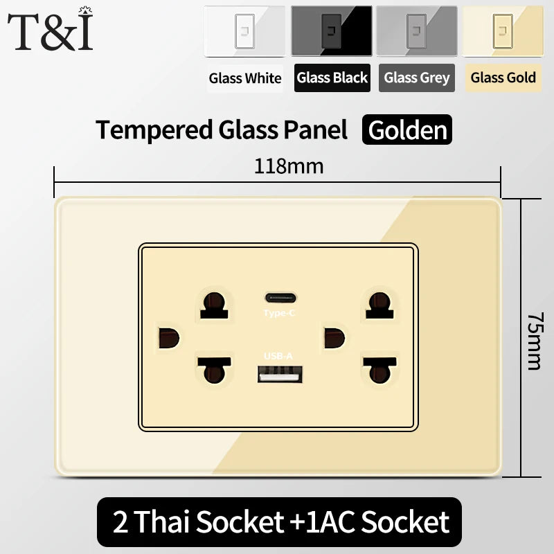 T&I US Standard 118 Wall Outlet with Switch, Tempered Glass Panel, USB and Type-C Charging Ports