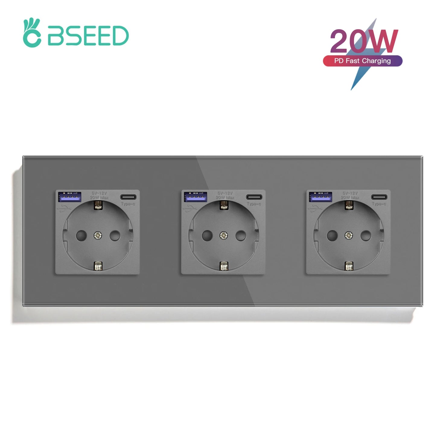 BSEED 20W PD Fast Charge Wall Socket Type-C Interface USB EU Standard Sockets Power Double Triple Power Outlets Wall Mounted
