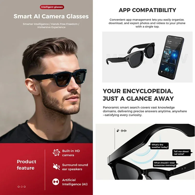 2025 AI Smart Glasses 8MP Professional-Grade Camera HD Video Music Bluetooth Call AI Voice Control Smart Glasses For Men Women