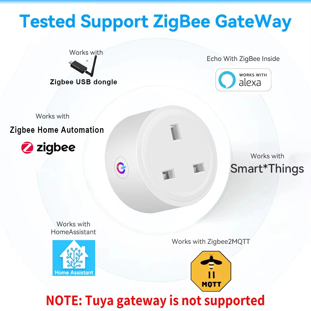 Home Assistant ZigBee Smart Plug 16A Smart Home Outlet UK Socket with Power Monitor Function APP Control Supports Alexa Z2M ZHA