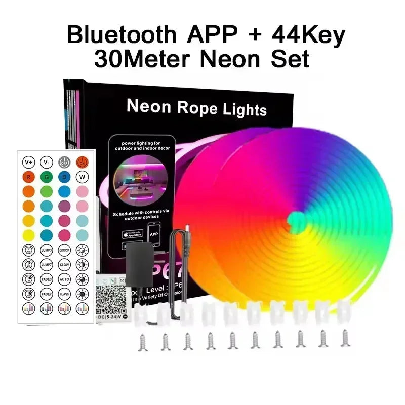 Dc 24V Rgb Neon Led Lights Strip 15M 30M 10 M 5 Meters Rgb Neon Rope Led Tape Outdoor Waterproof Bluetooth App Remote Control