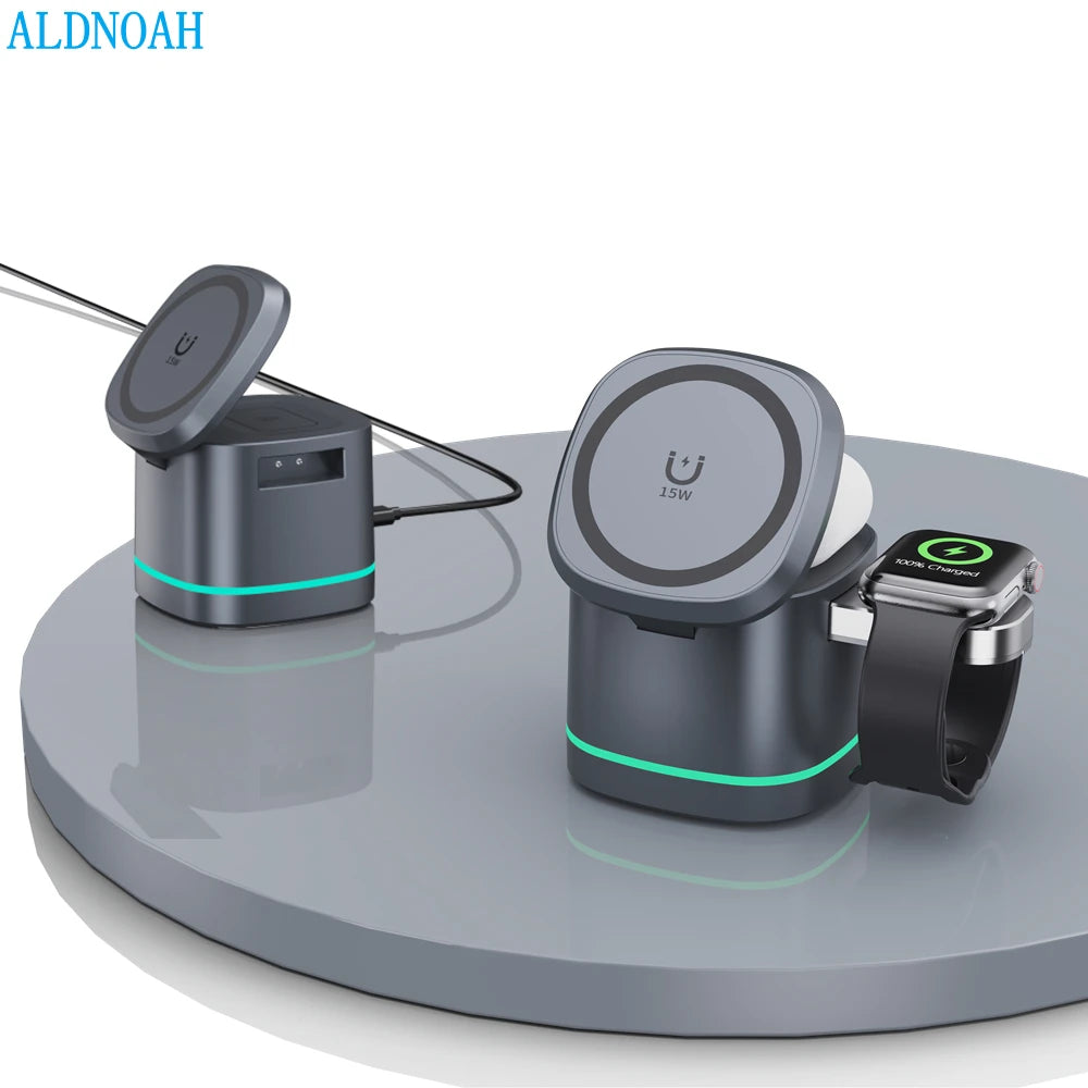 3 in 1 Wireless Charging Station for Apple Foldable Magnetic Travel Charger Multiple Devices for iPhone 15/14-12 iWatch AirPods