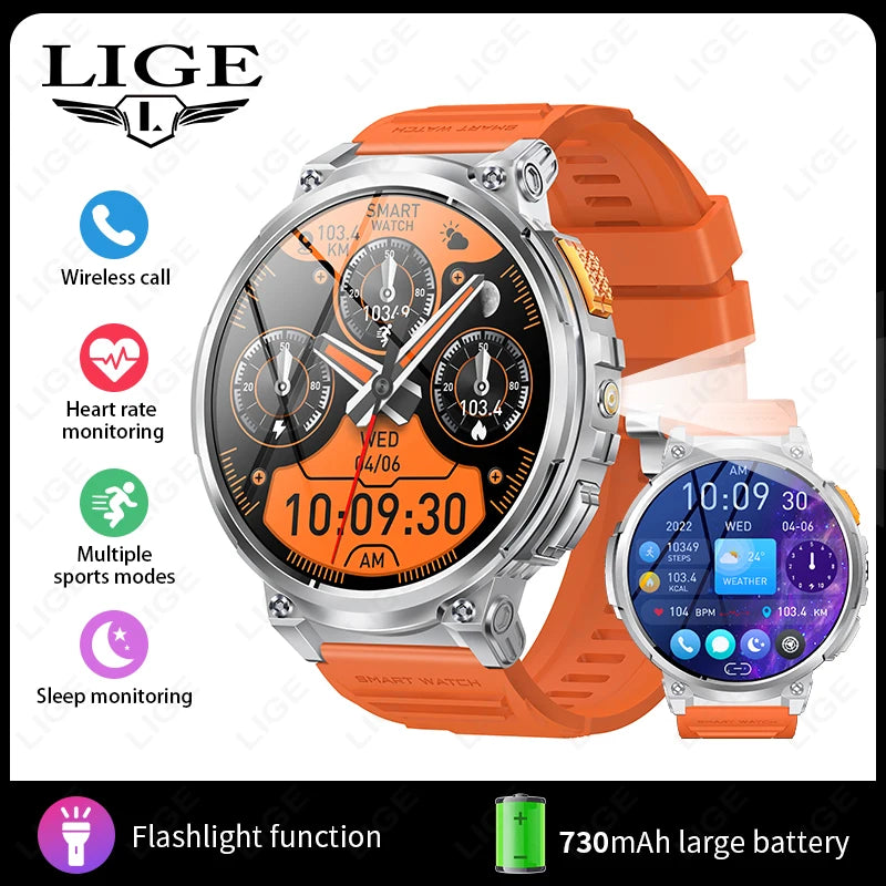 LIGE 1.85” HD Screen Smart Watch Men LED Flashlight 730mAh Large Battery Bluetooth Call Bracelet Waterproof Fitness Smartwatches