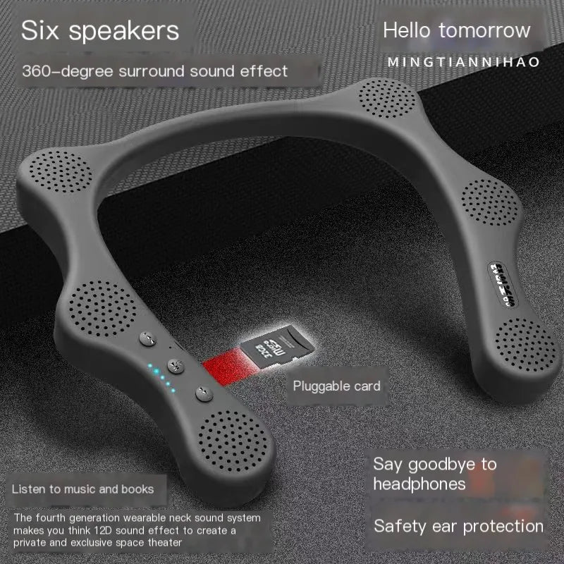 6 Loudspeakers Hang Neck Style Bluetooth Speaker HIFI Stereo Sound for Sporting Running, Micro SD Card Supported