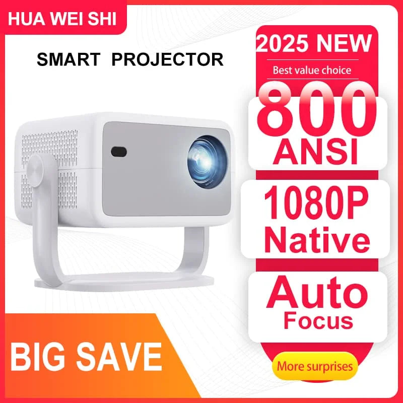 Huaweishi 4K 800ANSI P4 Native Portable Projector 1080P Auto Focus Keystone Correction BT5.2 Android 11 WIFI6 360° Home Cinema