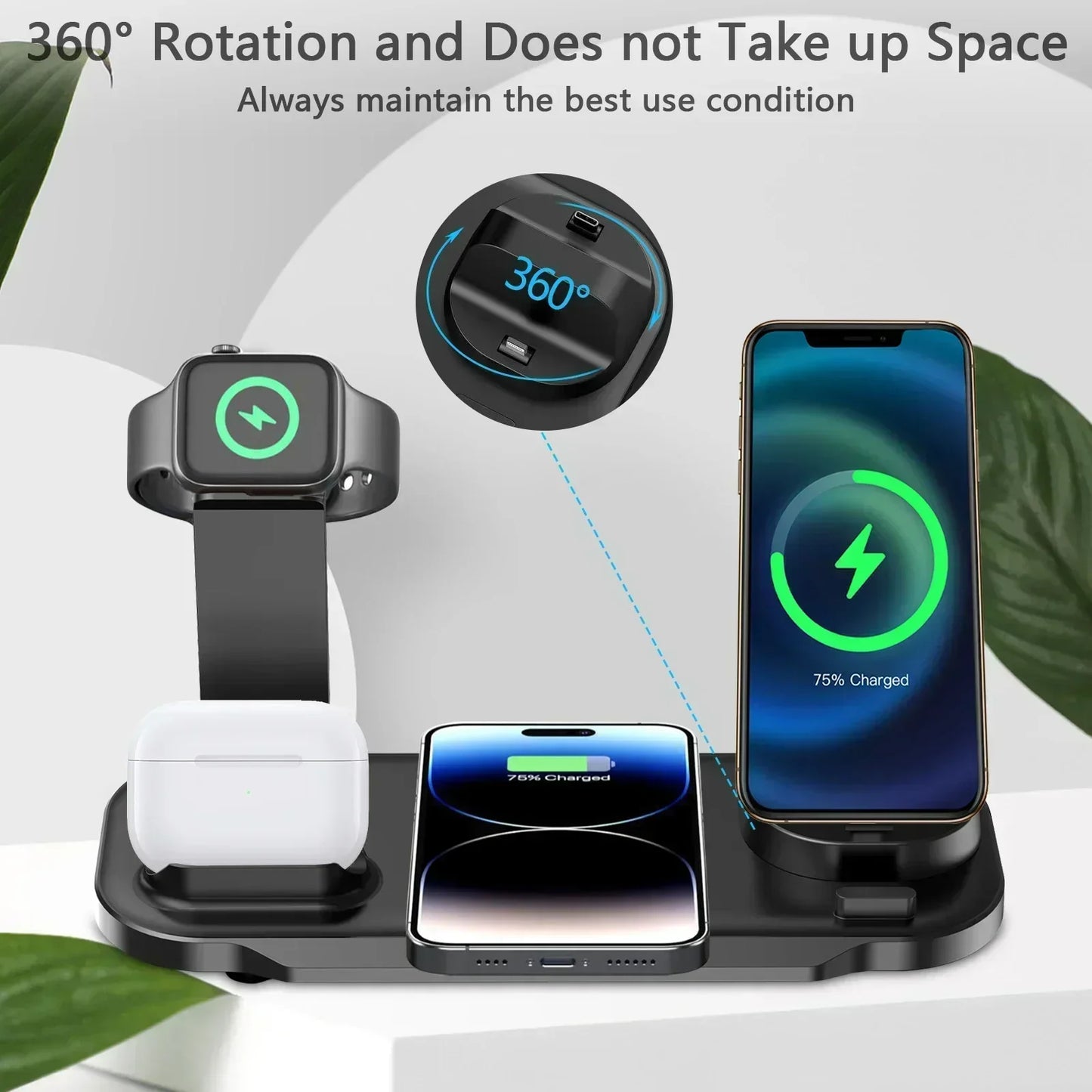 6 in 1 Wireless Charger Station for iPhone 16 15 14 13 12 11 Apple Watch Airpods Desk Phone Charger Fast Charging Dock Station
