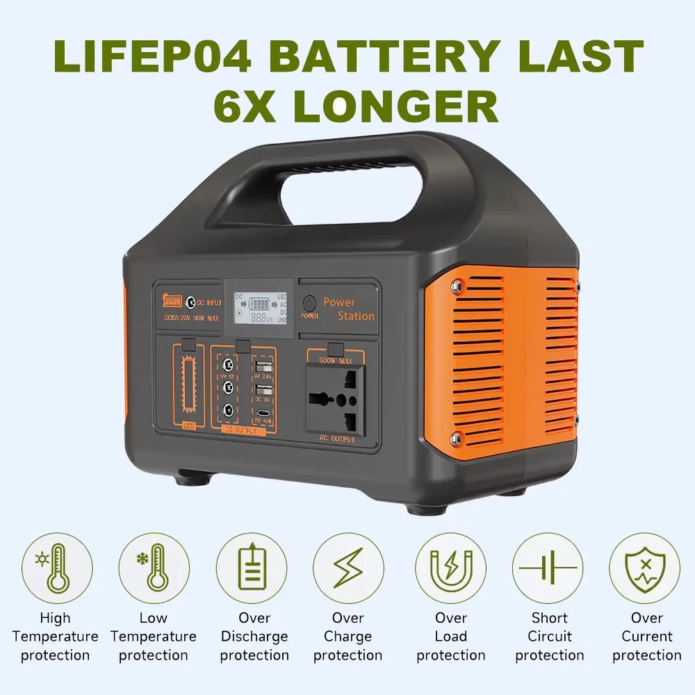 Portable Power Station 300W 500W Solar Generator 460Wh LiFePo4 Batteries 110V 220V Energy Storage Supply LED For Camping RV Trip