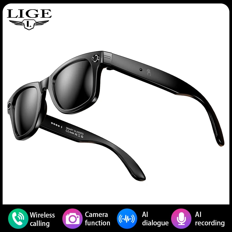 LIGE New Camera Smart Glasses Photograph Control Voice Recording Translation Bluetooth Call Sports Waterproof Anti-UV Sunglasses