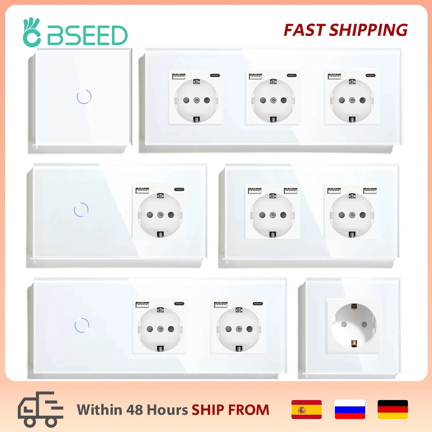 BSEED EU Standard USB Single Socket Touch Switch 1Gang 1Way White Crystal Sensor Wall Light Switch Power Double Sockets Outlets