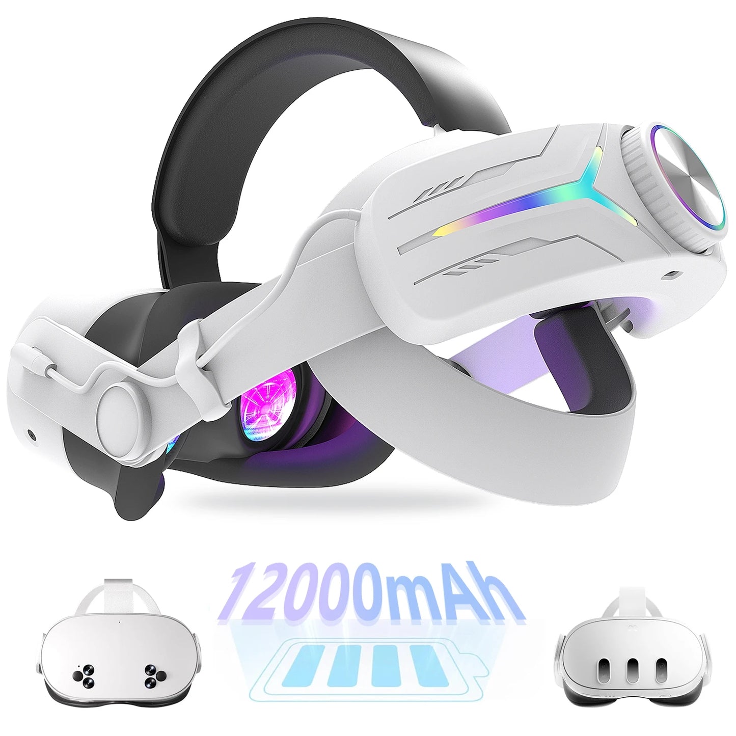 Headband with RGB Lighting 12000mah Rechargeable Battery Compatible with Meta Quest 3/3S Gaming Headband VR Accessories