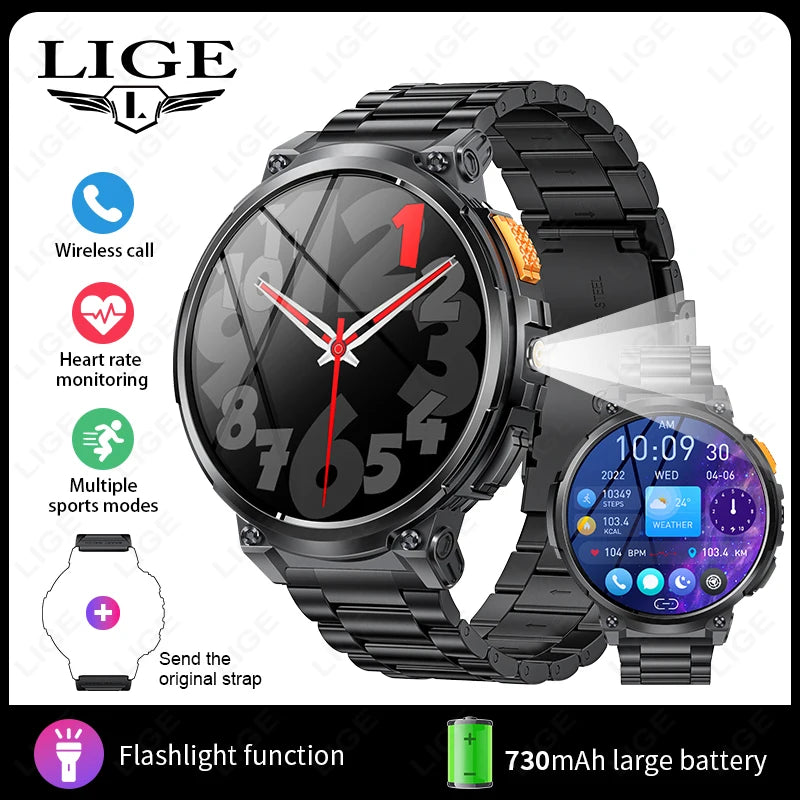 LIGE 1.85” HD Screen Smart Watch Men LED Flashlight 730mAh Large Battery Bluetooth Call Bracelet Waterproof Fitness Smartwatches