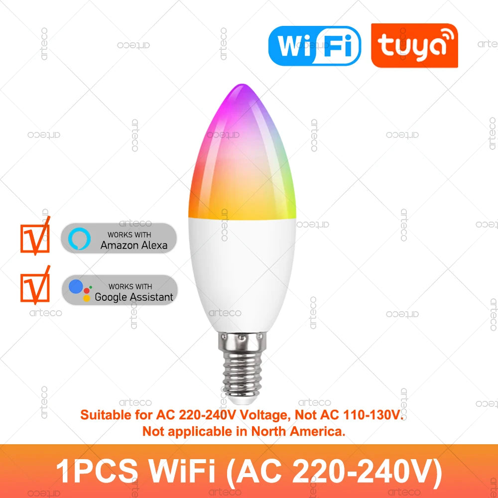 Tuya E14 Candle Lamp Smart Life App Control Smart Bulb WiFi Bluetooth RGB+CW LED Light 220V Dimmable Crystal Lamps Room Decorate