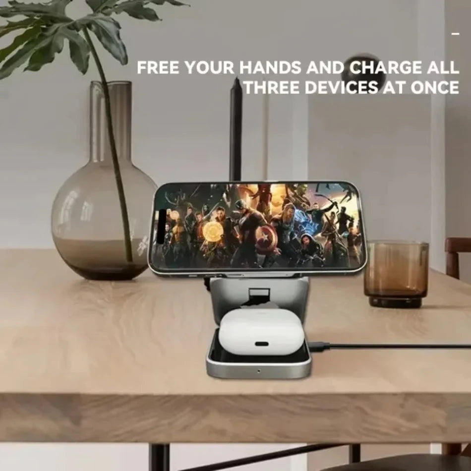 3 IN 1 Magnetic Fast Wirreless Charger Stand Foldable Desktop Phone Holder For Magsafe iPhone 16-12 Apple Watch 10/9/8/7 Airpods