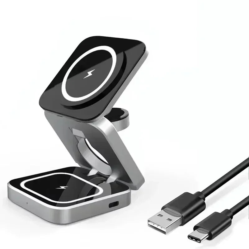 3 IN 1 Magnetic Fast Wirreless Charger Stand Foldable Desktop Phone Holder For Magsafe iPhone 16-12 Apple Watch 10/9/8/7 Airpods