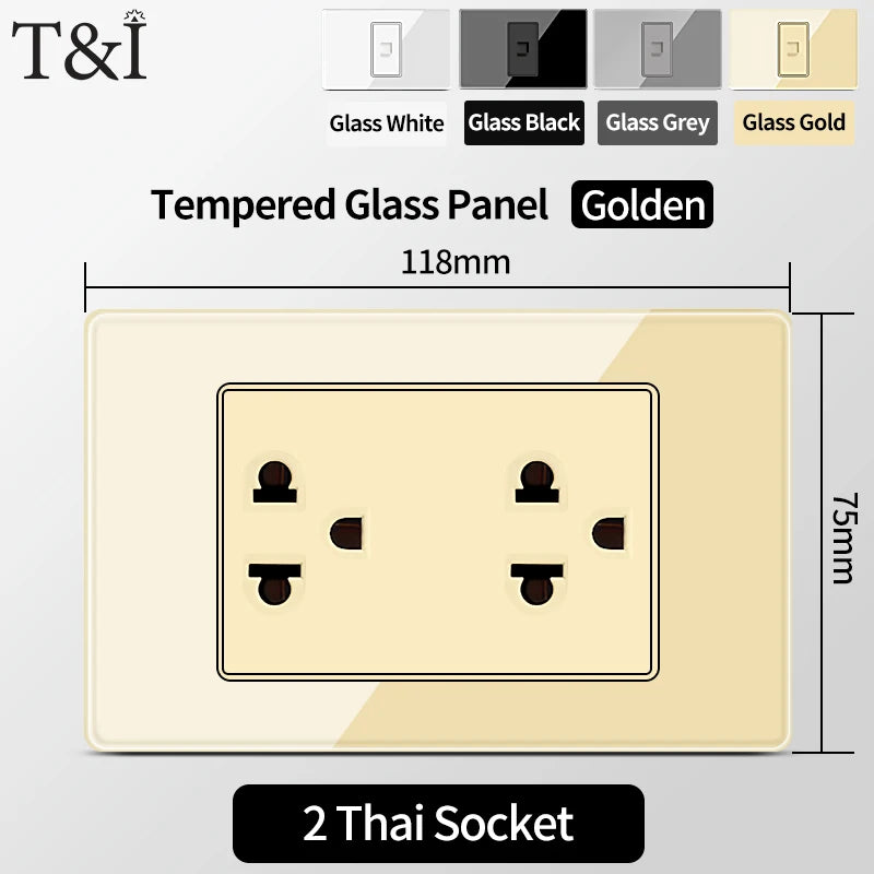 T&I US Standard 118 Wall Outlet with Switch, Tempered Glass Panel, USB and Type-C Charging Ports