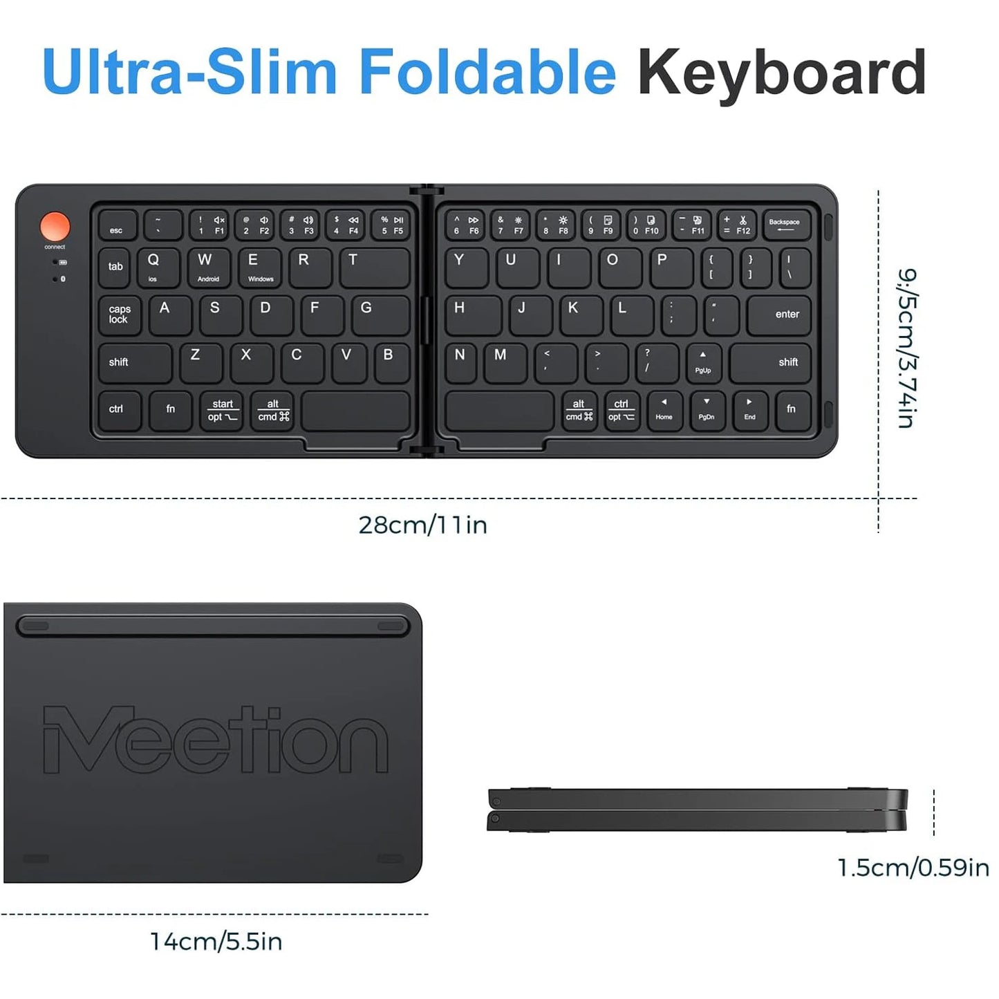 Foldable Keyboard Portable Bluetooth USB-C Rechargeable Ultra Slim Keyboard Compatible IOS Android Windows Smartphone