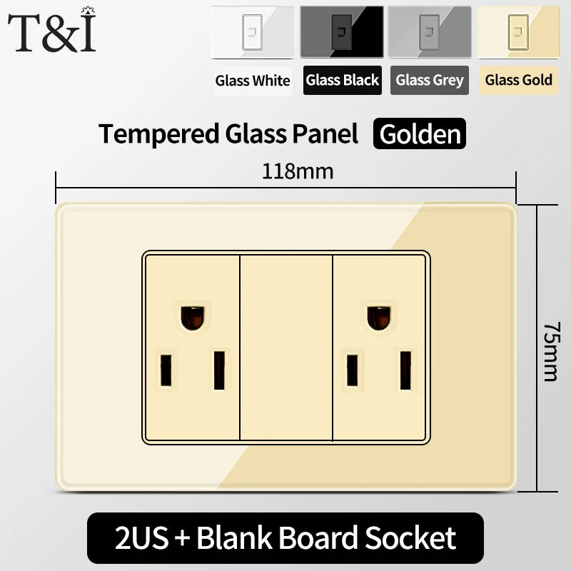 T&I US Standard 118 Wall Outlet with Switch, Tempered Glass Panel, USB and Type-C Charging Ports
