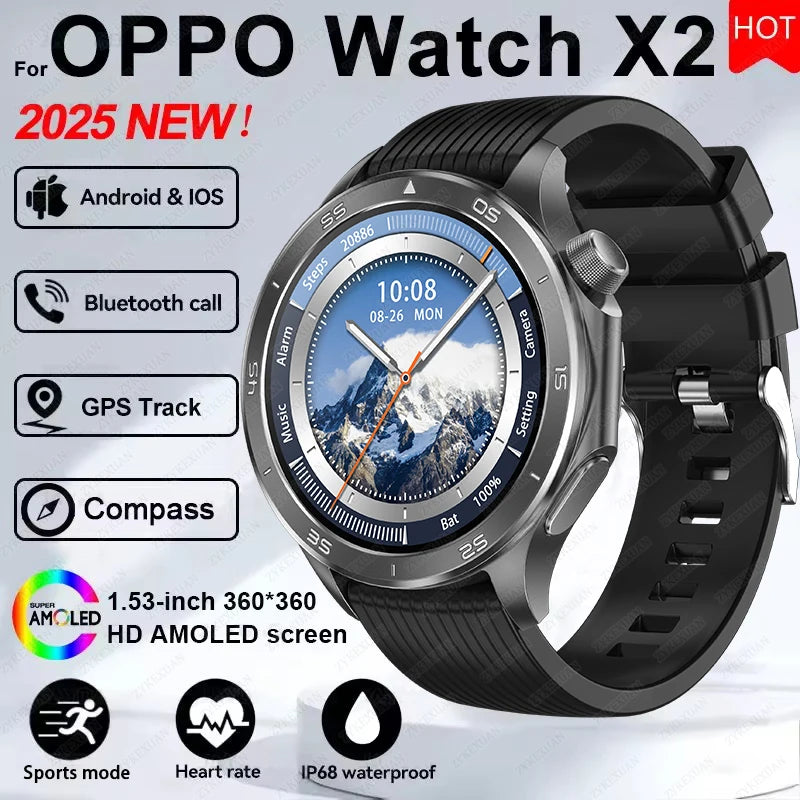 2025 New WATCH X Upgrade Smart Watch Men Watch X2 AMOLED HD Screen Bluetooth Call GPS Trajectory Heart Rate Compass SmartWatch