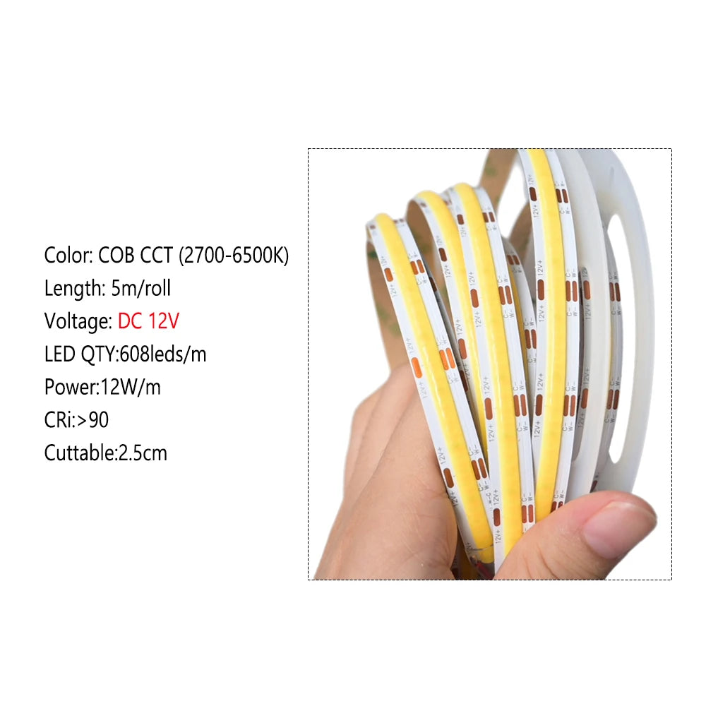 Tuya WiFi COB CCT LED Strip PIR Motion Sensor 12V 2m 3m 5m 10m Dimmable Bed Wardrobe Cabinet Light 2700-6500K for Alexa Google