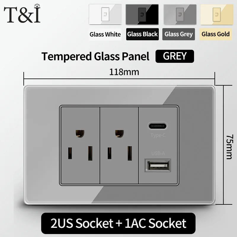 T&I US Standard 118 Wall Outlet with Switch, Tempered Glass Panel, USB and Type-C Charging Ports