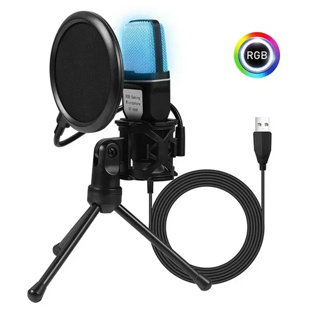 SF666R USB Wired Microphone Noise Reduction RGB Condensador Mic For Recording Podcast Mic With Stand Interview Vlogging Video