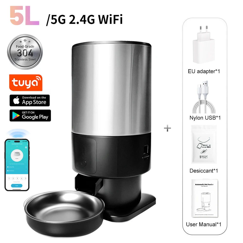 5L Button WiFi Automatic Cat Feeder with Stainless Steel Bowls Furpipi Smart Pet Cat and Dogs Food Dispenser Feeder Pet Feeder