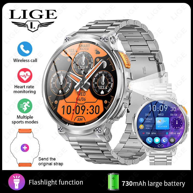 LIGE 1.85” HD Screen Smart Watch Men LED Flashlight 730mAh Large Battery Bluetooth Call Bracelet Waterproof Fitness Smartwatches