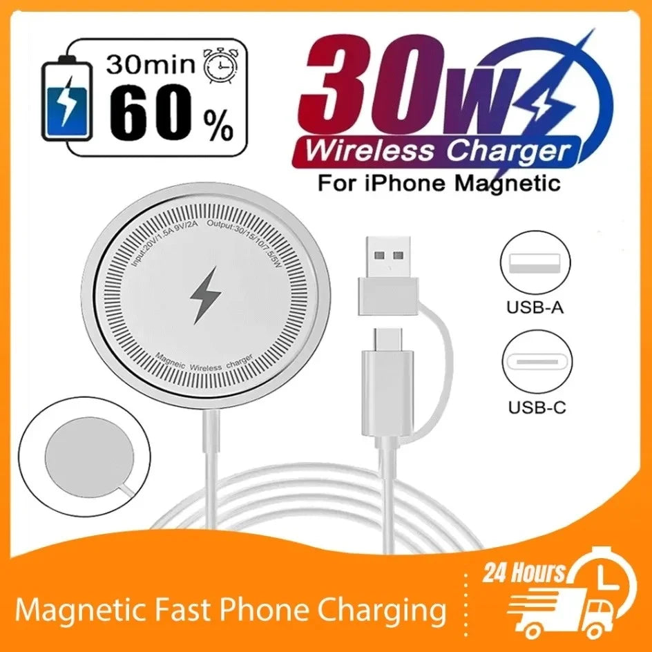 New 30W Magnetic Wireless Charger Fast Charging Pad Stand for iPhone 16 15 Pro Max Phone Chargers Station with Type C Data Cable