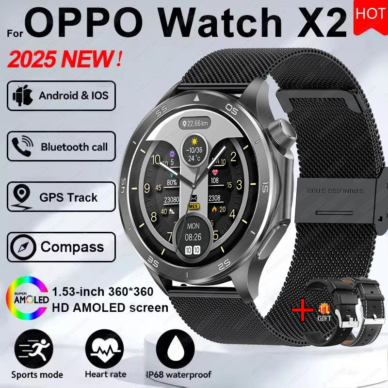 2025 New WATCH X Upgrade Smart Watch Men Watch X2 AMOLED HD Screen Bluetooth Call GPS Trajectory Heart Rate Compass SmartWatch