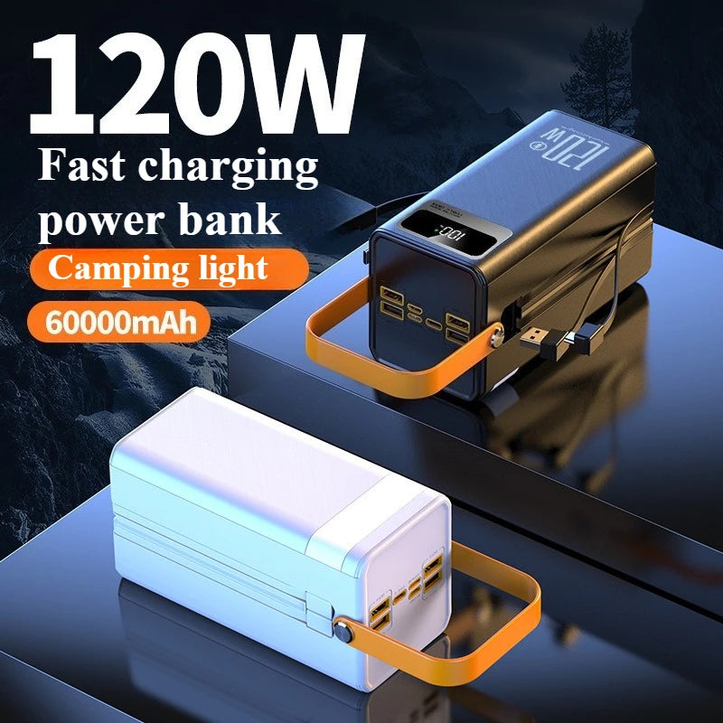 120W 60000mAh Power Bank Fast Charging Comes Two Wire External Battery Pack with Flashlight Outdoors for Huawei Xiaomi IPhone