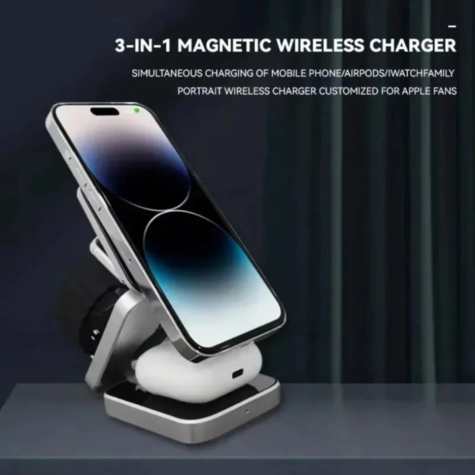 3 IN 1 Magnetic Fast Wirreless Charger Stand Foldable Desktop Phone Holder For Magsafe iPhone 16-12 Apple Watch 10/9/8/7 Airpods