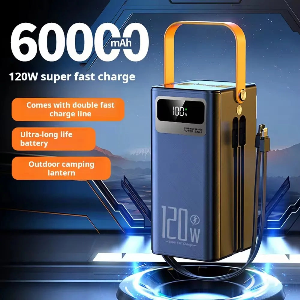 120W 60000mAh Power Bank Fast Charging Comes Two Wire External Battery Pack with Flashlight Outdoors for Huawei Xiaomi IPhone