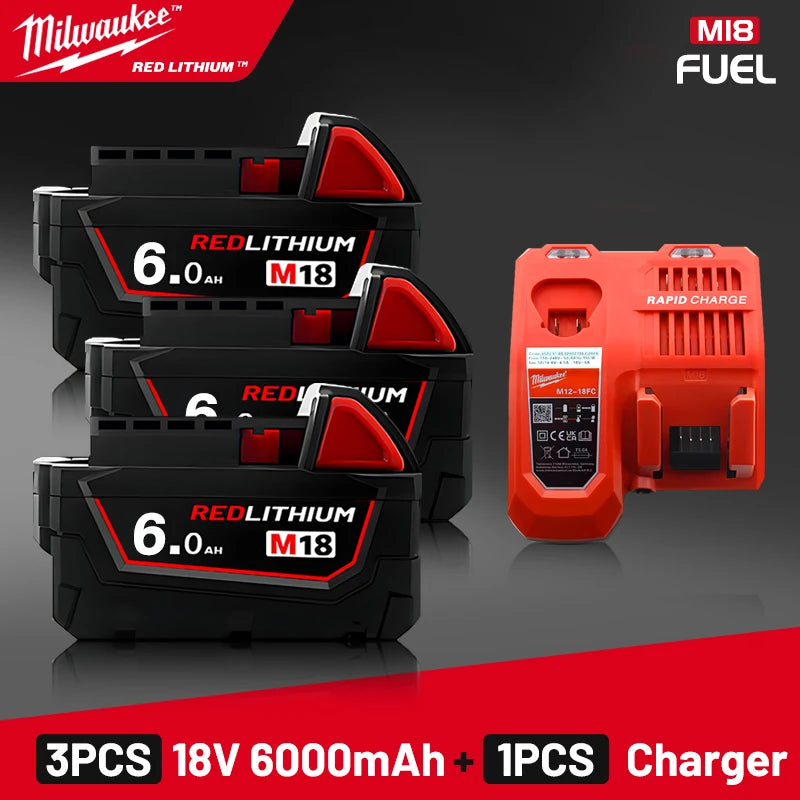 original Milwaukee M18 Power Tool Battery, Charger, 18V 6Ah Li-Ion M18B5 48-11-1860 48-11-1850 48-11-1840 48-11-1830 48-11-1820