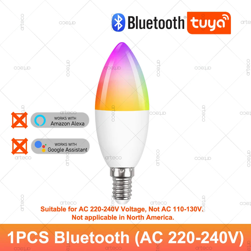 Tuya E14 Candle Lamp Smart Life App Control Smart Bulb WiFi Bluetooth RGB+CW LED Light 220V Dimmable Crystal Lamps Room Decorate