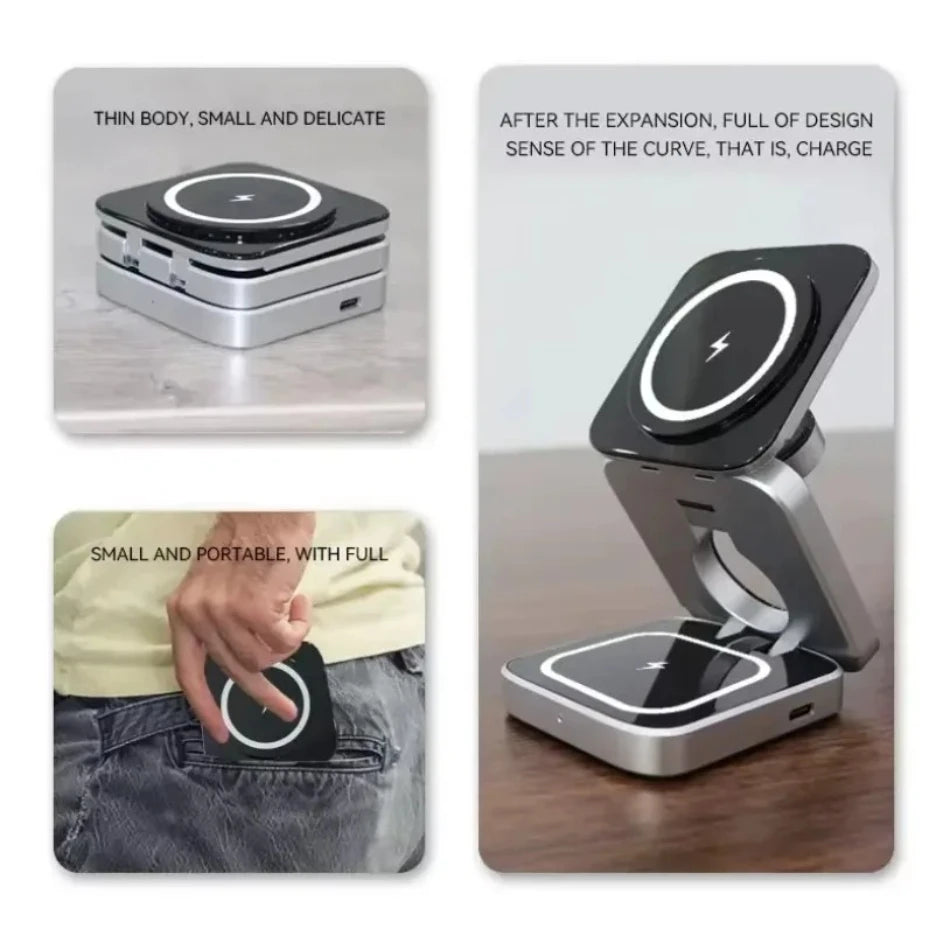 3 IN 1 Magnetic Fast Wirreless Charger Stand Foldable Desktop Phone Holder For Magsafe iPhone 16-12 Apple Watch 10/9/8/7 Airpods