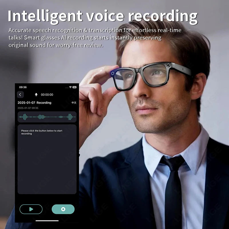 LIGE AI Smart Glasses with Camera Sunglasses Mini Camera Video Recorder Wireless Bluetooth Call Anti-blue Glasses for Man Women